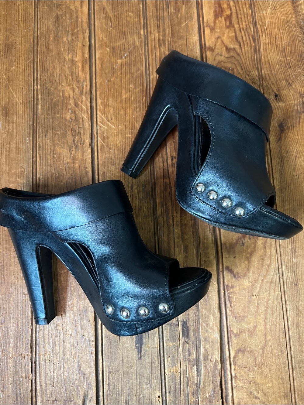 Vintage 90s Matisse Black Leather shoes Studded Peep-Toe Mules platform size 7.5